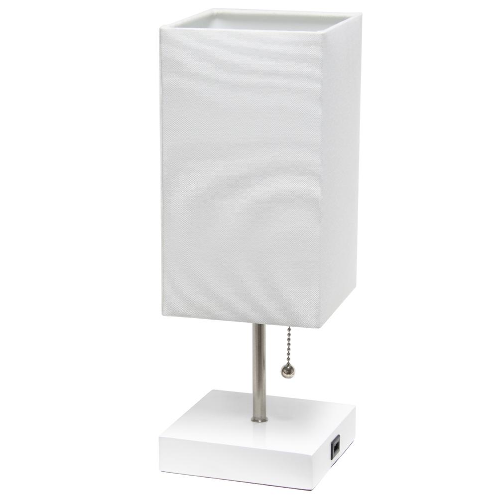 Petite White Stick Lamp with USB Charging Port and Fabric Shade, White. Picture 1