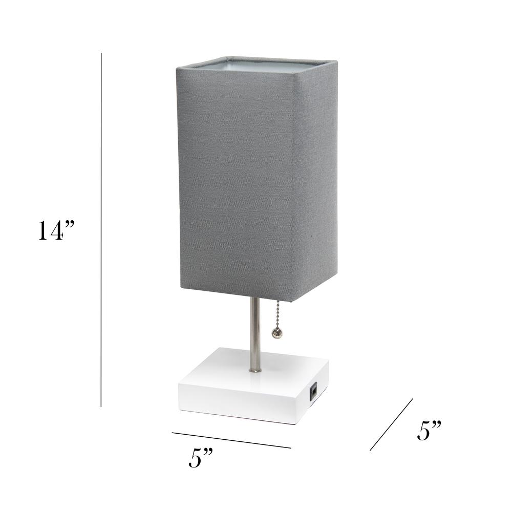 Petite White Stick Lamp with USB Charging Port and Fabric Shade, Gray. Picture 3