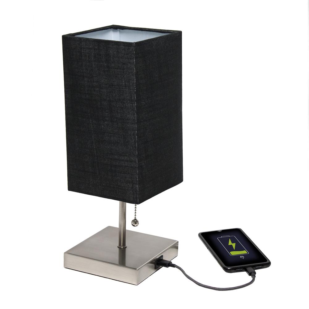 Simple Designs Petite Stick Lamp with USB Charging Port and Fabric Shade 2 Pack Set, Black BLACK SHADE/BRUSHED NICKEL BASE. Picture 6