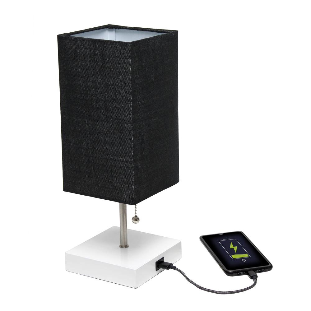 Petite White Stick Lamp with USB Charging Port and Fabric Shade, Black. Picture 6