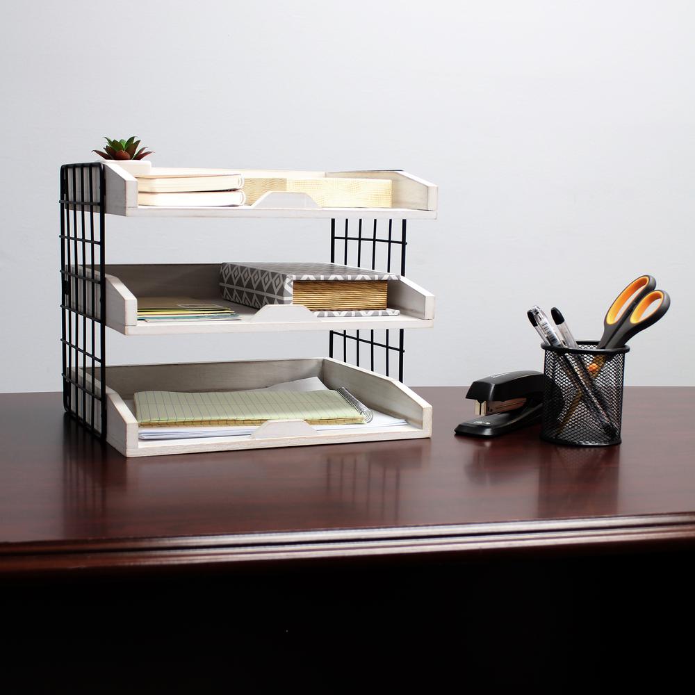 Elegant Designs Home Office Wood Desk Organizer Mail Letter Tray with 3 Shelves, White Wash. Picture 5