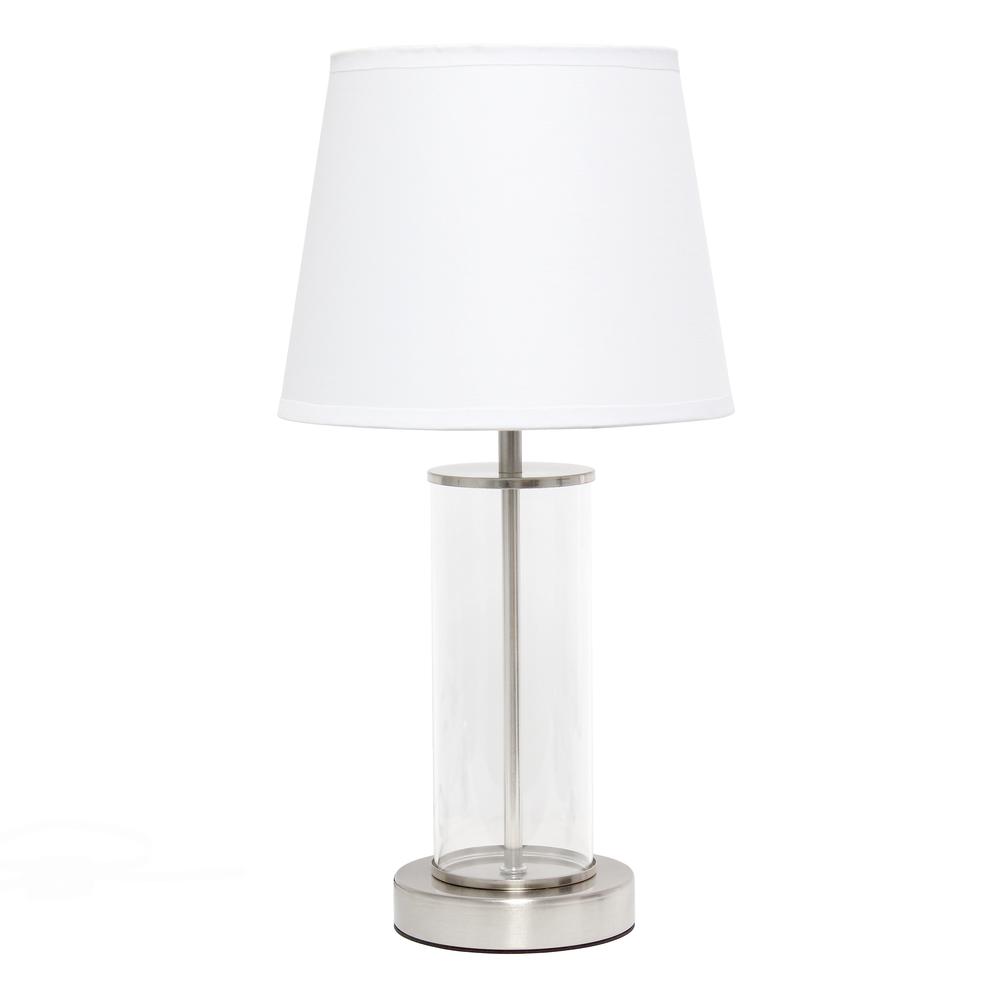 Simple Designs Encased Metal and Clear Glass Table Lamp, Brushed Nickel and White Brushed nickel/clear glass/white shade. The main picture.