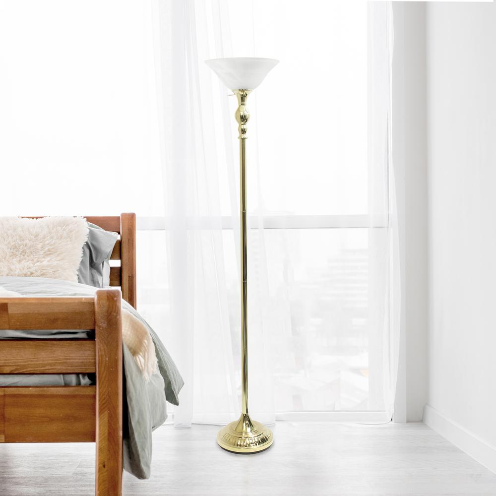 Classic 1 Light Torchiere Floor Lamp with Marbleized Glass Shade, Gold. Picture 4