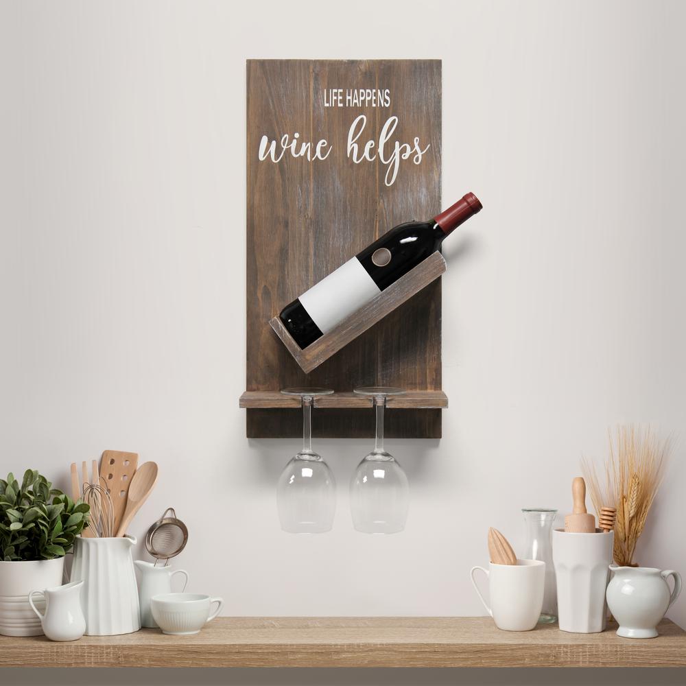 Elegant Designs Lucca Wall Mounted Wooden “Life Happens Wine Helps” Wine Bottle Shelf with Glass Holder, Restored Wood. Picture 6
