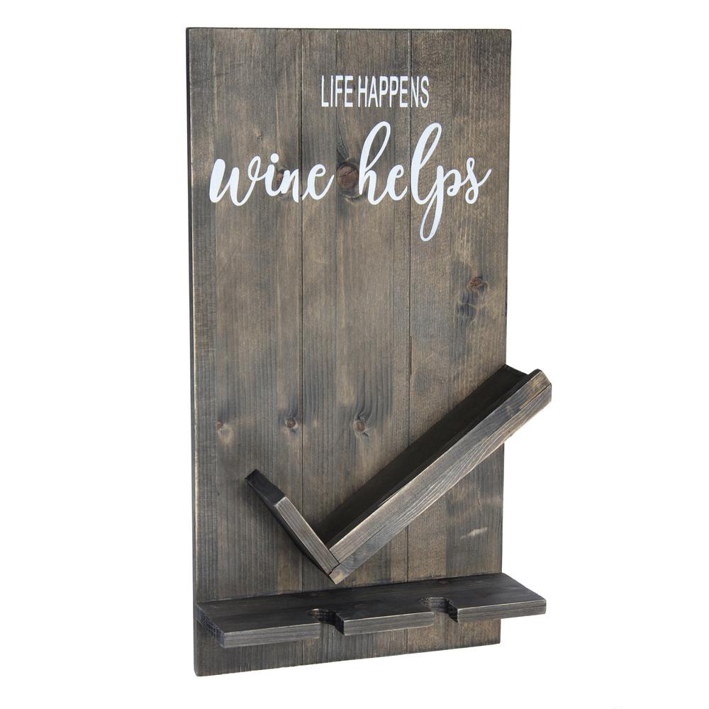 Elegant Designs Lucca Wall Mounted Wooden “Life Happens Wine Helps” Wine Bottle Shelf with Glass Holder, Rustic Gray RUSTIC GRAY. Picture 1