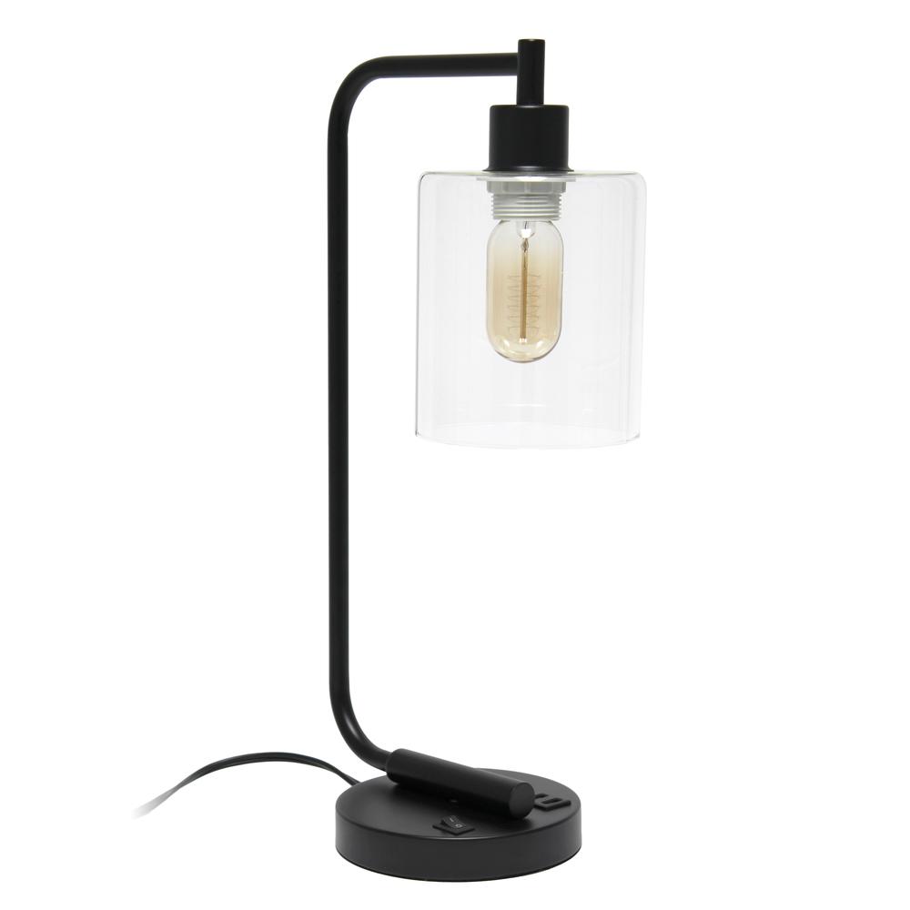 Modern Iron Desk Lamp with USB Port and Glass Shade, Black. Picture 1