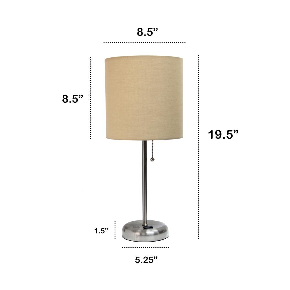 19.5"Bedside Power Outlet Base Standard Metal Table Desk Lamp in Brushed Steel. Picture 5