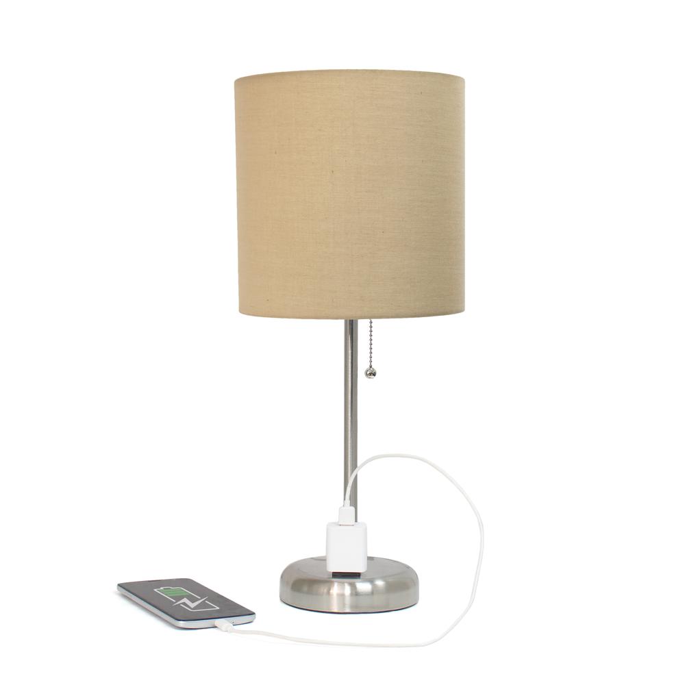 19.5"Bedside Power Outlet Base Standard Metal Table Desk Lamp in Brushed Steel. Picture 6