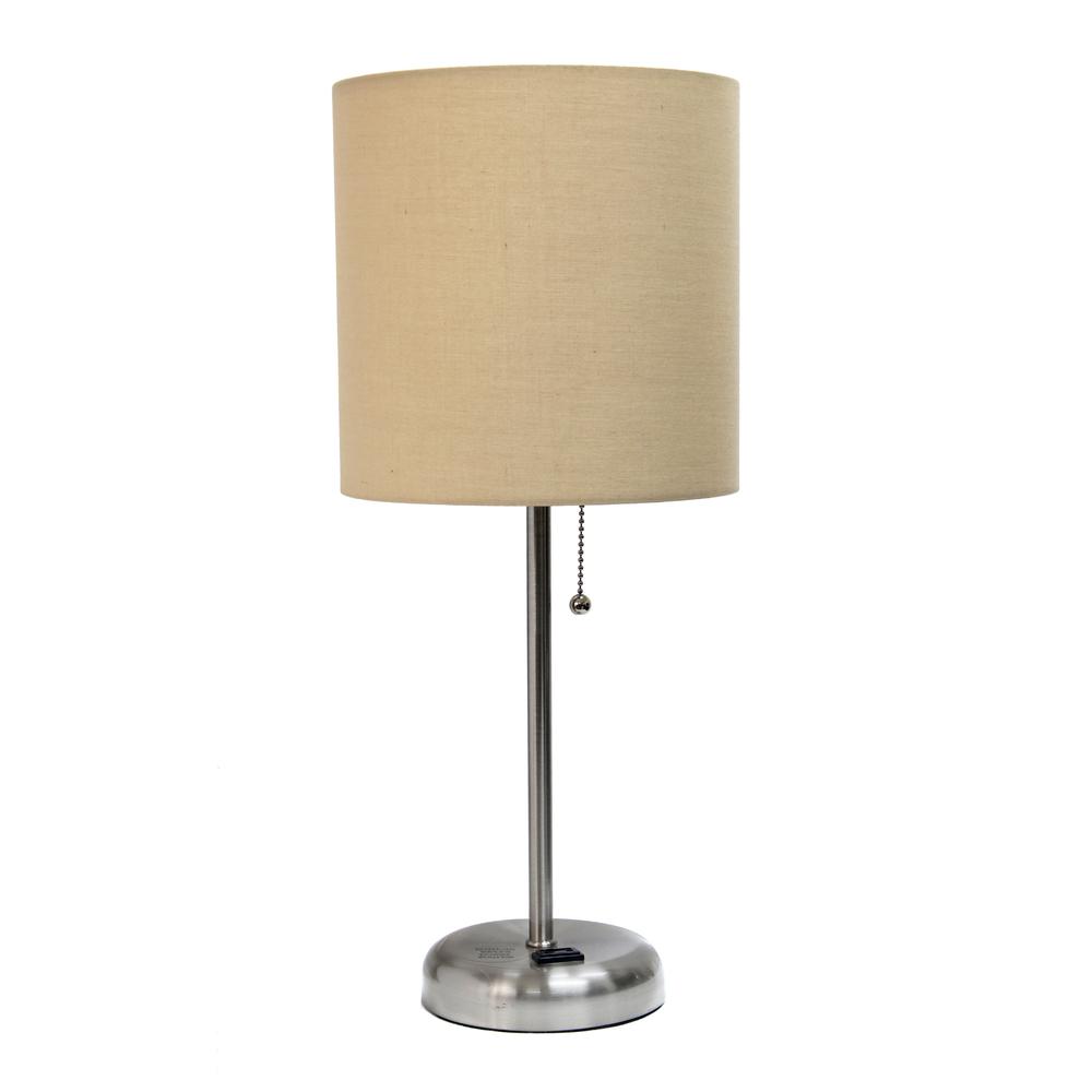 19.5"Bedside Power Outlet Base Standard Metal Table Desk Lamp in Brushed Steel. Picture 1