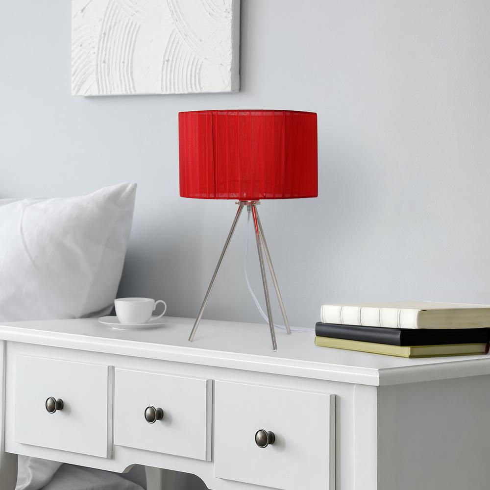 19.69" Contemporary Brushed Nickel Pedestal Table Lamp, Red Shade. Picture 5
