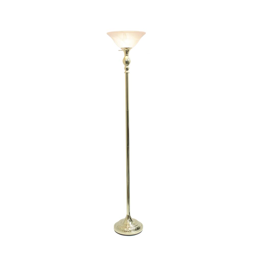 Classic 1 Light Torchiere Floor Lamp with Marbleized Glass Shade, Gold. Picture 2