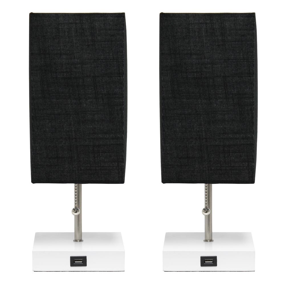 Simple Designs Petite White Stick Lamp with USB Charging Port and Fabric Shade 2 Pack Set, Black. Picture 7