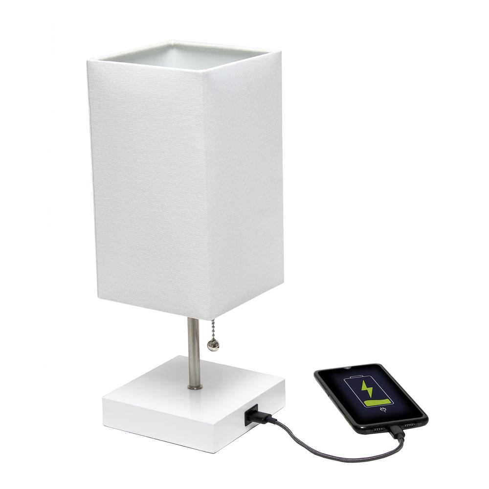Petite White Stick Lamp with USB Charging Port and Fabric Shade, White. Picture 6