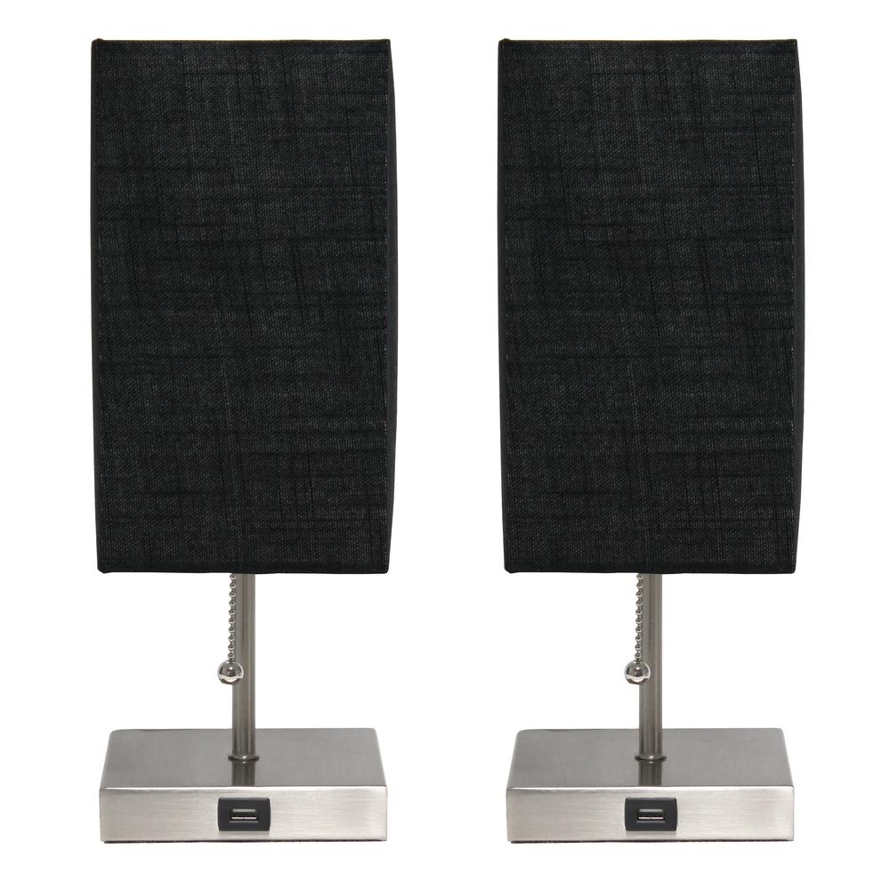 Simple Designs Petite Stick Lamp with USB Charging Port and Fabric Shade 2 Pack Set, Black BLACK SHADE/BRUSHED NICKEL BASE. Picture 7