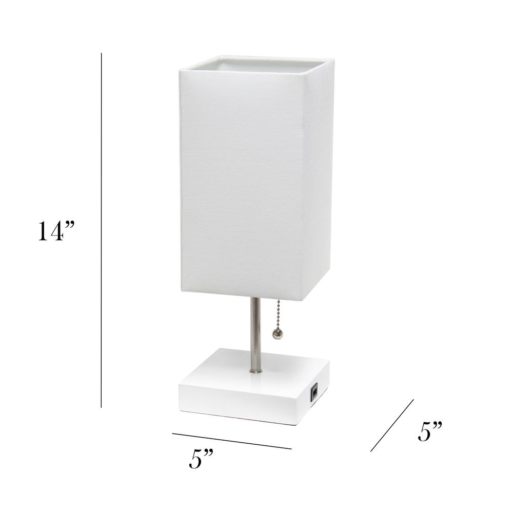 Petite White Stick Lamp with USB Charging Port and Fabric Shade, White. Picture 3