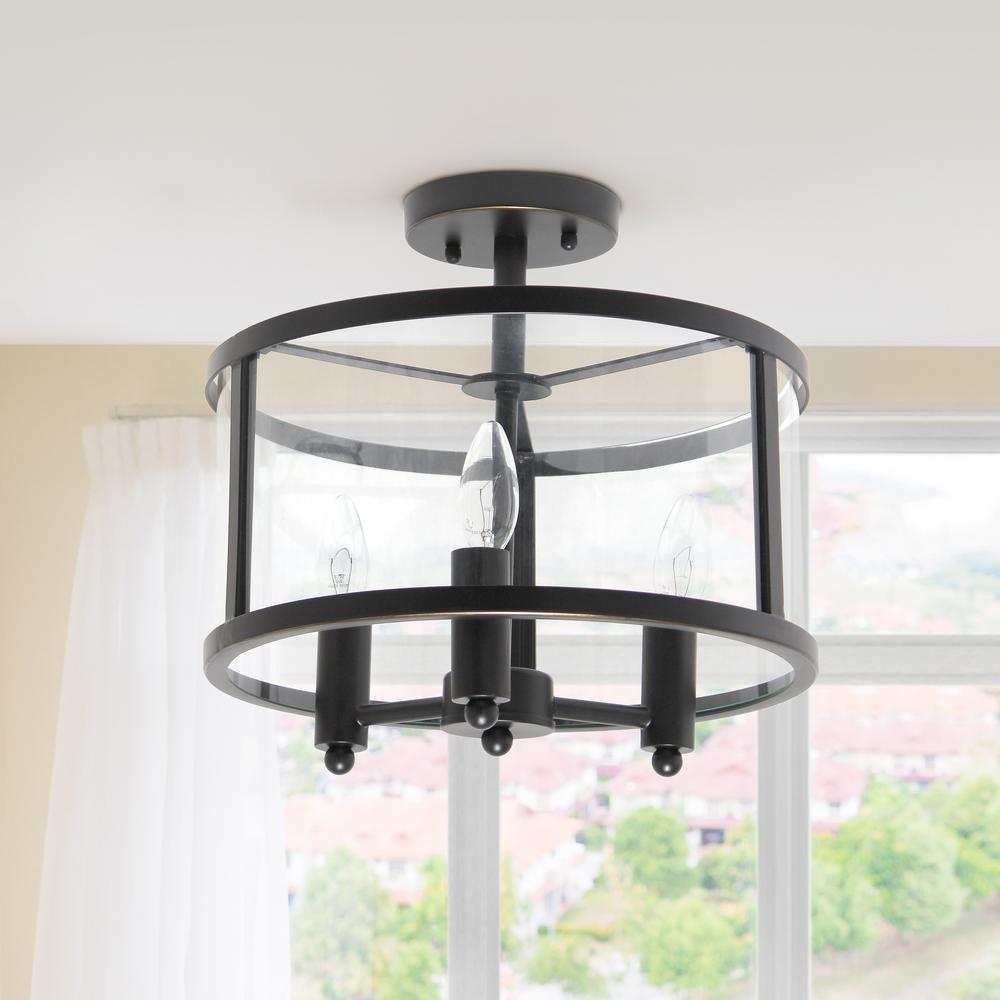 Medium 13" Iron and Glass Shade Industrial 3-Light Ceiling, Matte Black. Picture 2