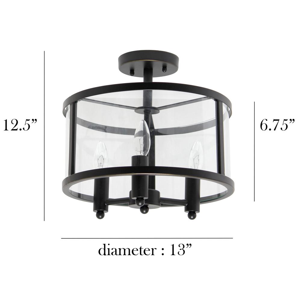Medium 13" Iron and Glass Shade Industrial 3-Light Ceiling, Matte Black. Picture 6