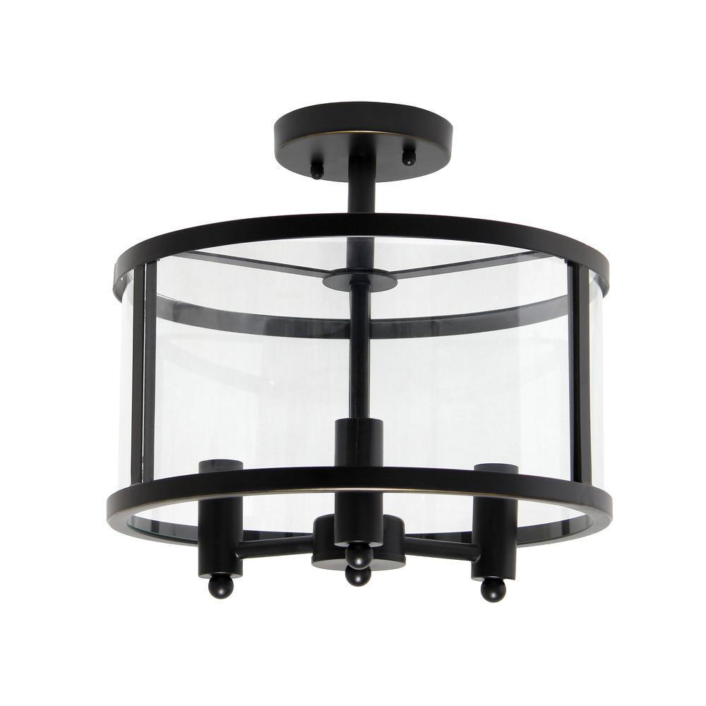 Medium 13" Iron and Glass Shade Industrial 3-Light Ceiling, Matte Black. Picture 8