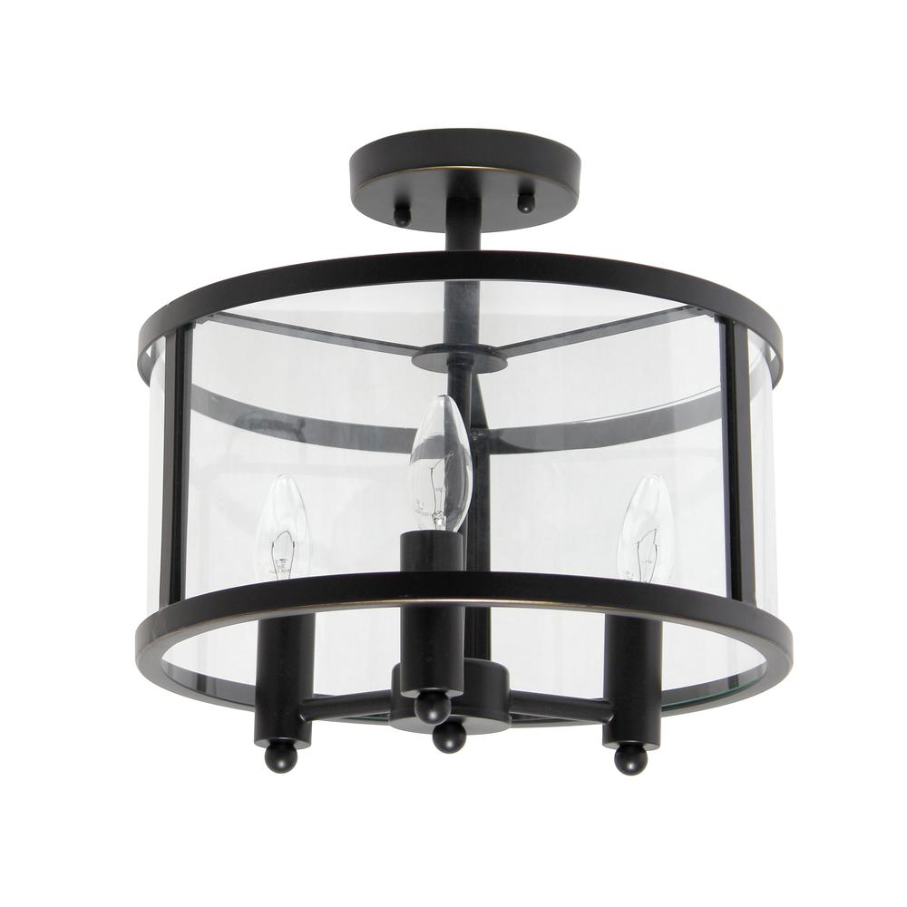 Medium 13" Iron and Glass Shade Industrial 3-Light Ceiling, Matte Black. Picture 9