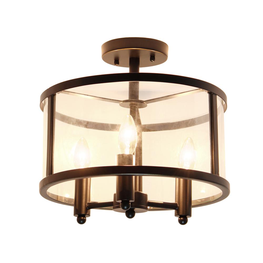 Medium 13" Iron and Glass Shade Industrial 3-Light Ceiling, Matte Black. Picture 1