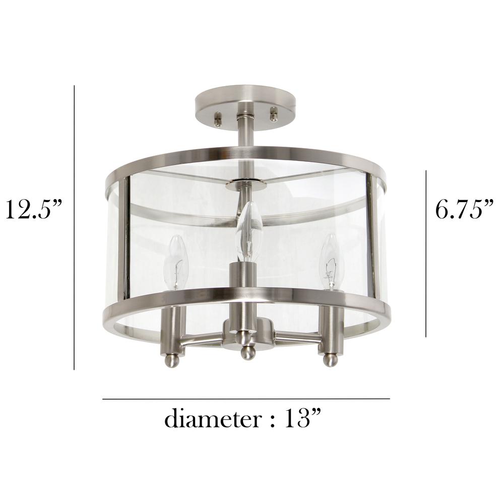Medium 13" Iron and Glass Shade Industrial 3-Light Ceiling, Brushed Nickel. Picture 6