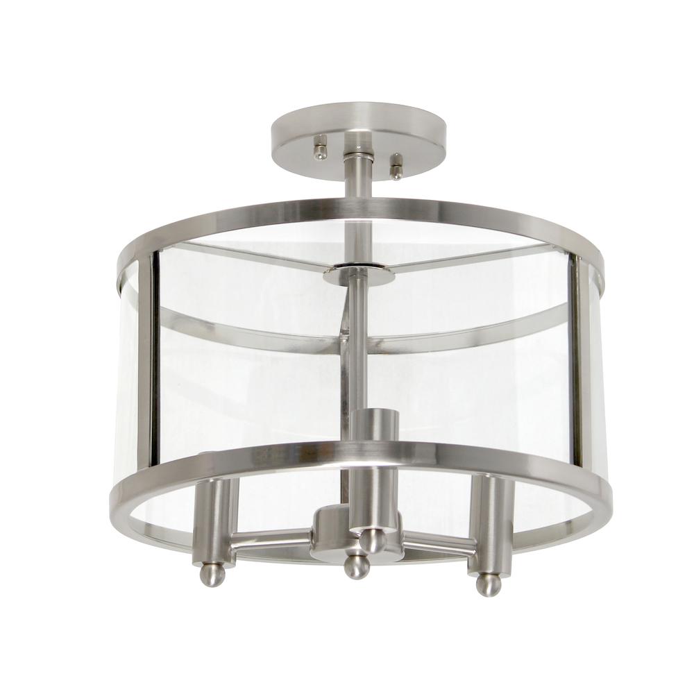 Medium 13" Iron and Glass Shade Industrial 3-Light Ceiling, Brushed Nickel. Picture 8