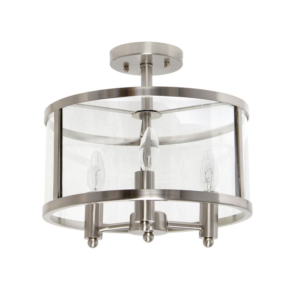 Medium 13" Iron and Glass Shade Industrial 3-Light Ceiling, Brushed Nickel. Picture 10