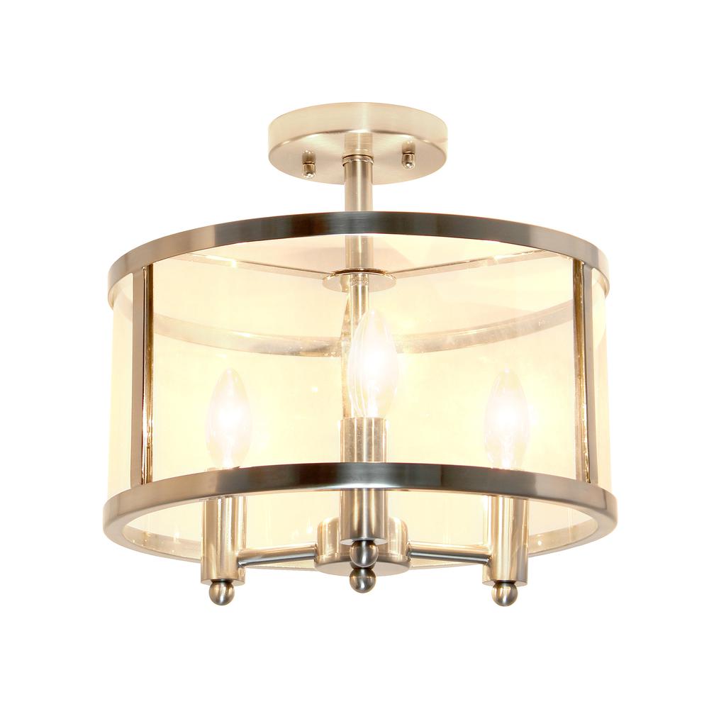Medium 13" Iron and Glass Shade Industrial 3-Light Ceiling, Brushed Nickel. Picture 1