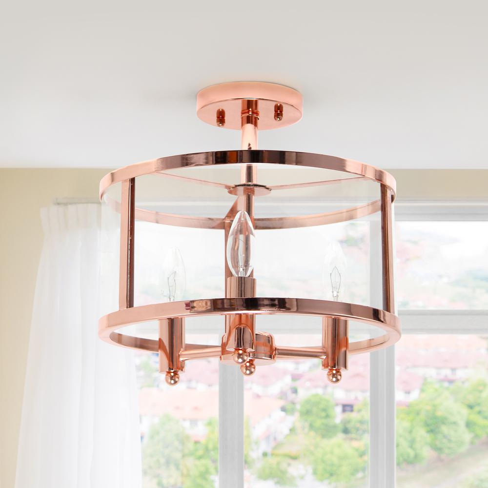 Medium 13" Iron and Glass Shade Industrial 3-Light Ceiling, Rose Gold. Picture 2