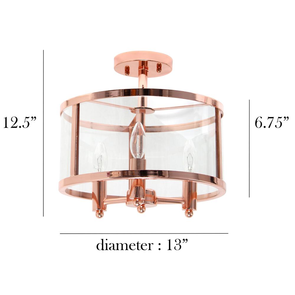 Medium 13" Iron and Glass Shade Industrial 3-Light Ceiling, Rose Gold. Picture 6