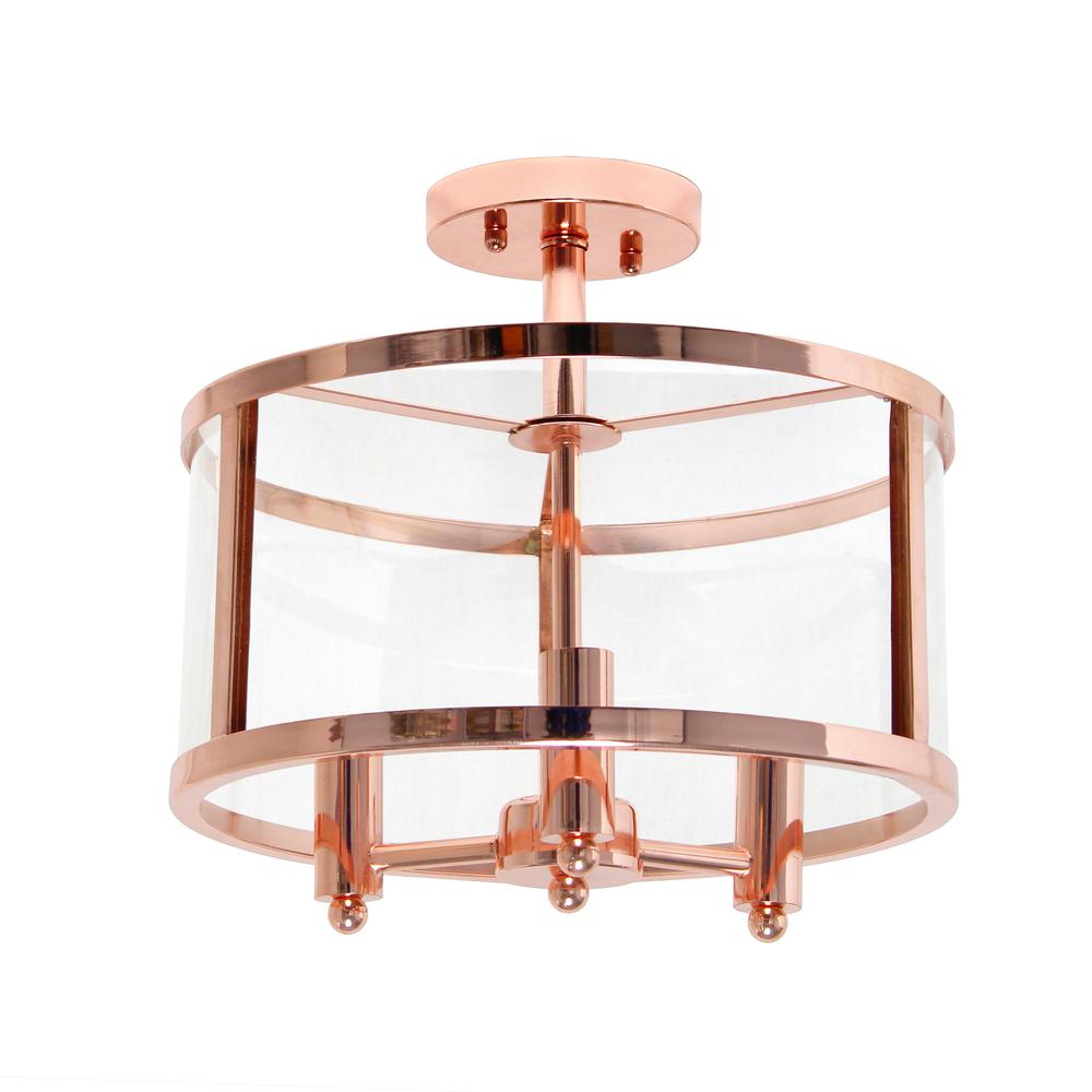 Medium 13" Iron and Glass Shade Industrial 3-Light Ceiling, Rose Gold. Picture 7