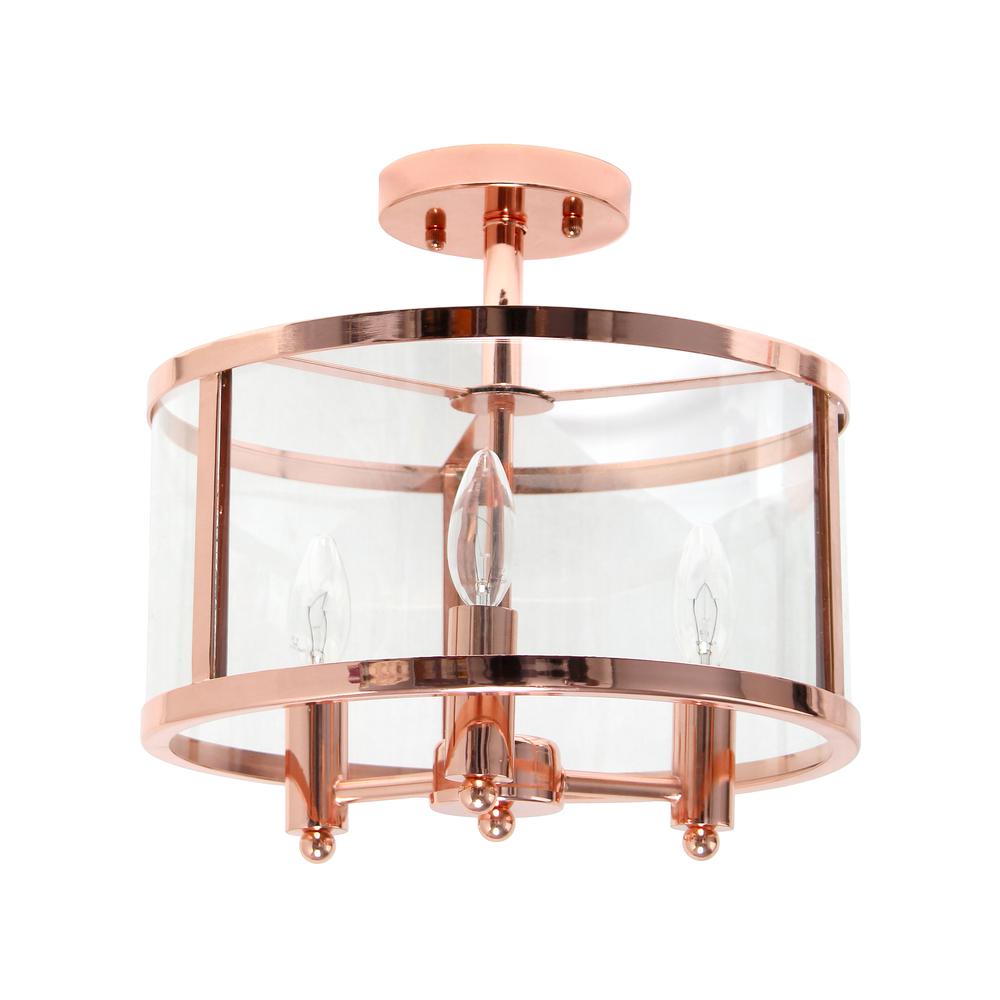 Medium 13" Iron and Glass Shade Industrial 3-Light Ceiling, Rose Gold. Picture 9
