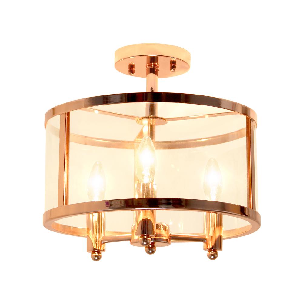 Medium 13" Iron and Glass Shade Industrial 3-Light Ceiling, Rose Gold. Picture 1