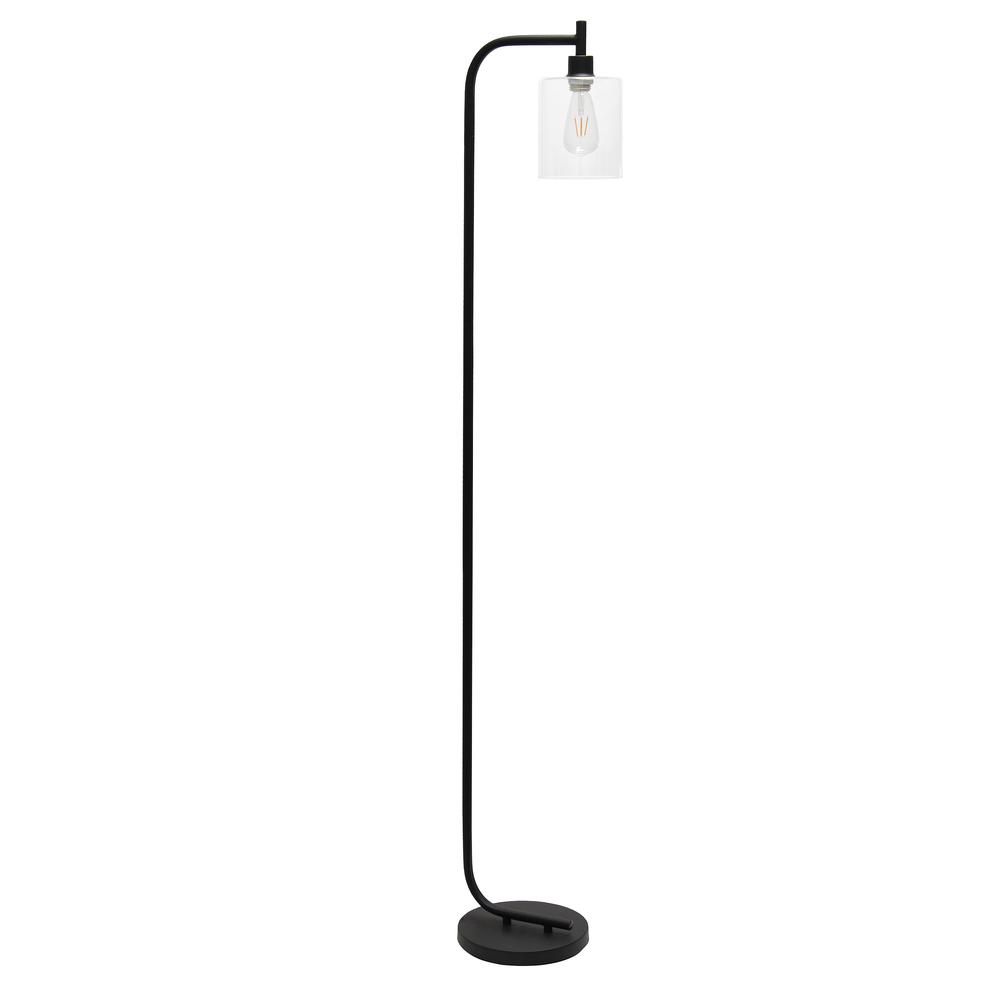 Modern Iron Lantern Floor Lamp with Glass Shade, Black. Picture 1