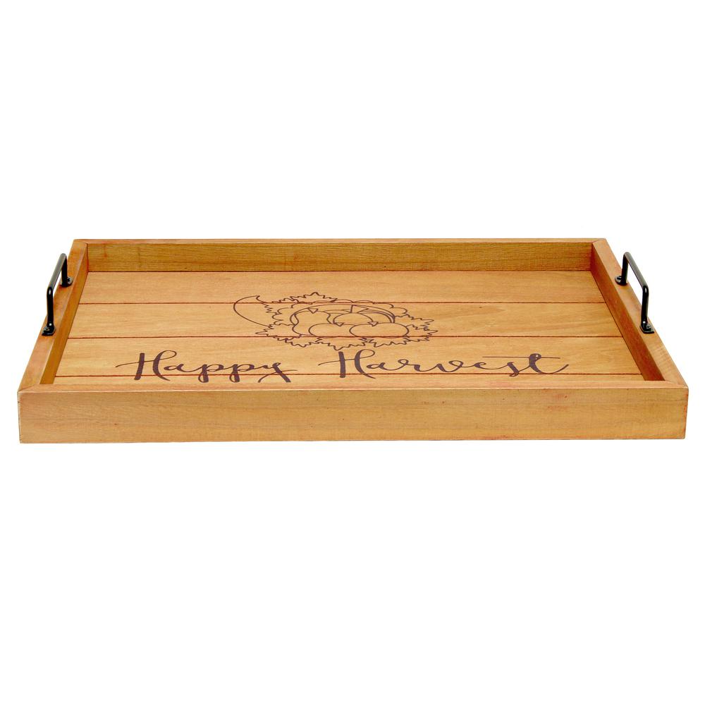 Decorative Wood Serving Tray w/ Handles, 15.50" x 12", "Happy Harvest". Picture 1