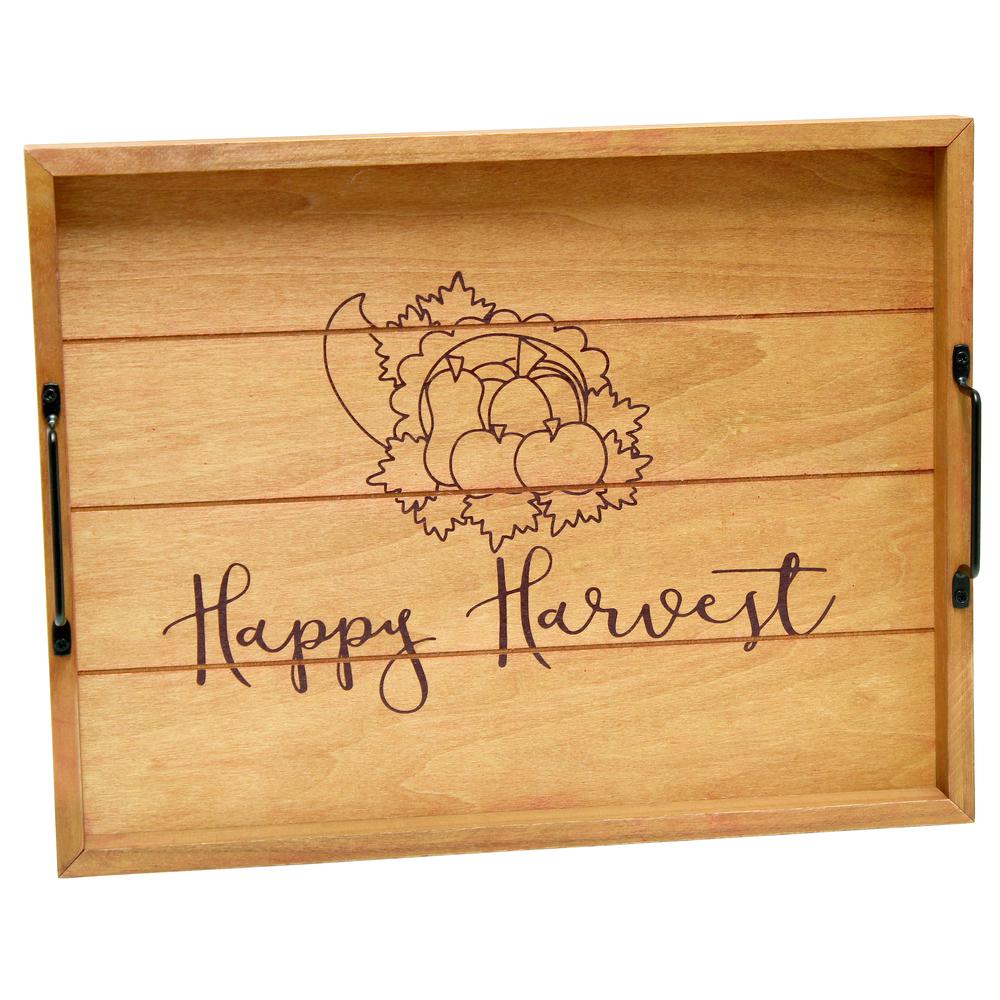 Decorative Wood Serving Tray w/ Handles, 15.50" x 12", "Happy Harvest". Picture 8