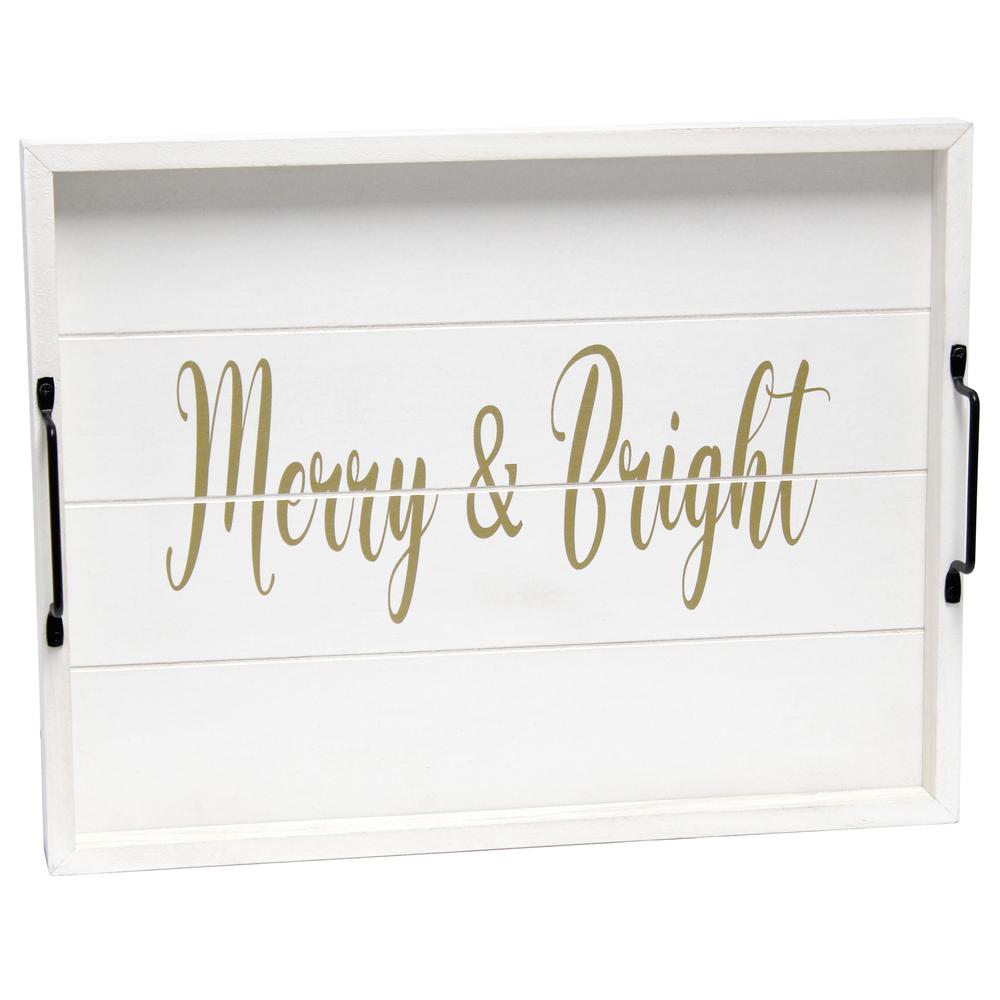 Decorative Wood Serving Tray w/ Handles, 15.50" x 12", "Merry & Bright". Picture 1