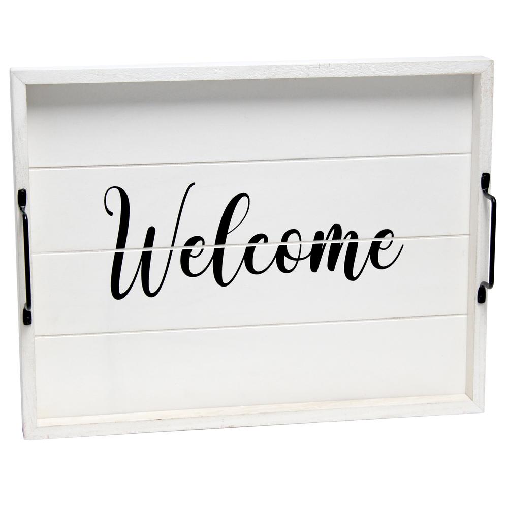 Decorative Wood Serving Tray w/ Handles, 15.50" x 12", "Welcome". Picture 1