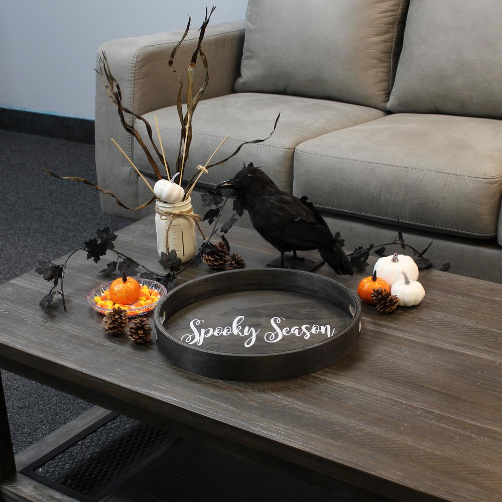 Elegant Designs Decorative 13.75" Round Wood Serving Tray w/ Handles, "Spooky Season". Picture 3