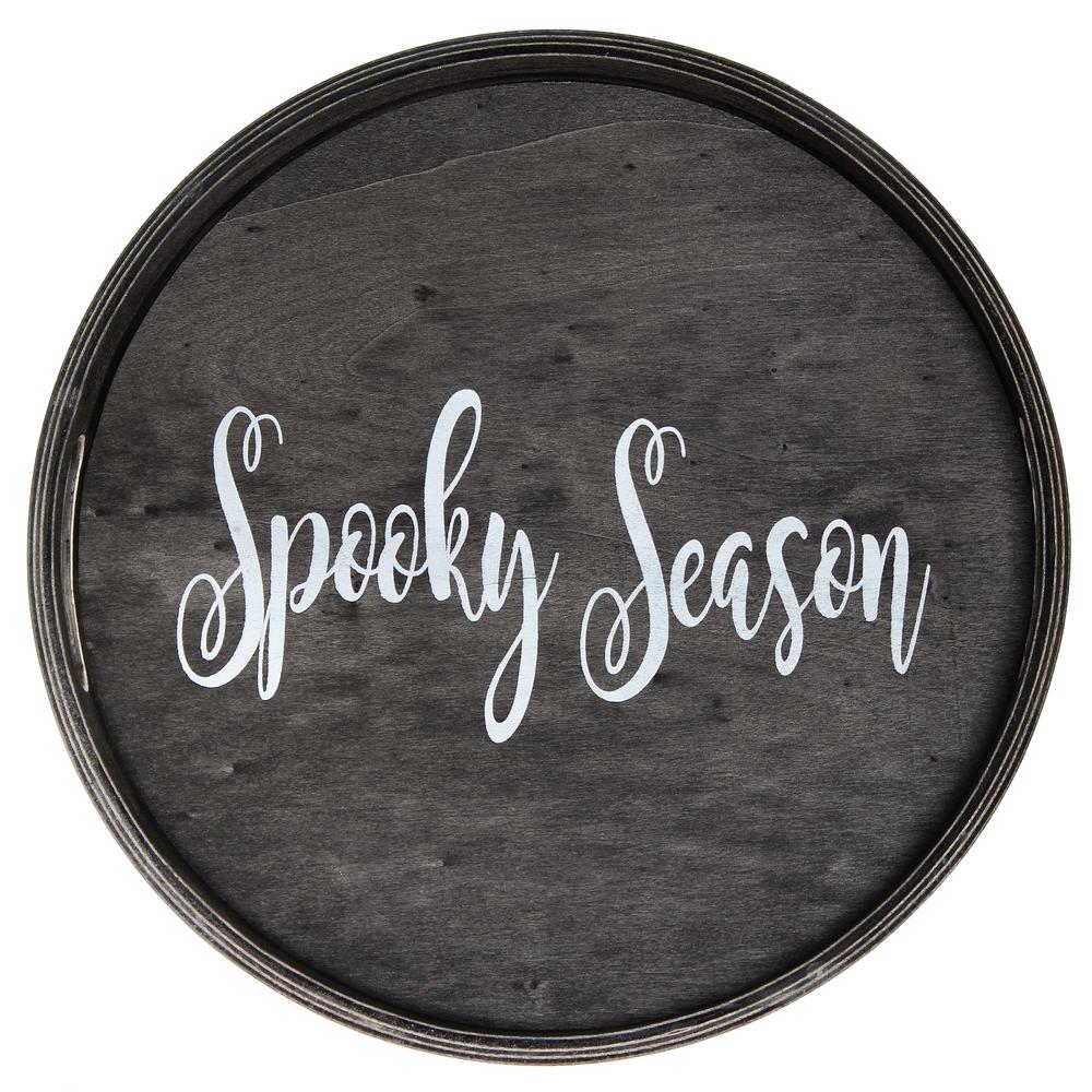 Elegant Designs Decorative 13.75" Round Wood Serving Tray w/ Handles, "Spooky Season". Picture 8