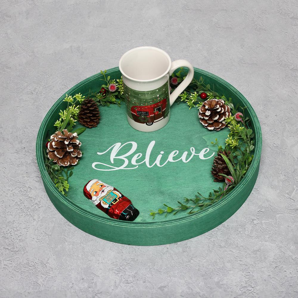 Decorative 13.75" Round Wood Serving Tray w/ Handles, "Believe". Picture 6