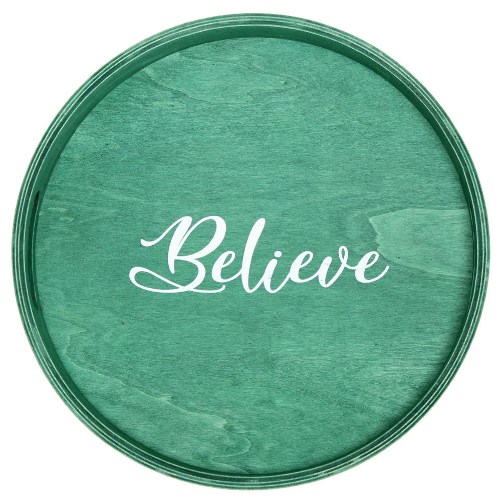 Decorative 13.75" Round Wood Serving Tray w/ Handles, "Believe". Picture 8