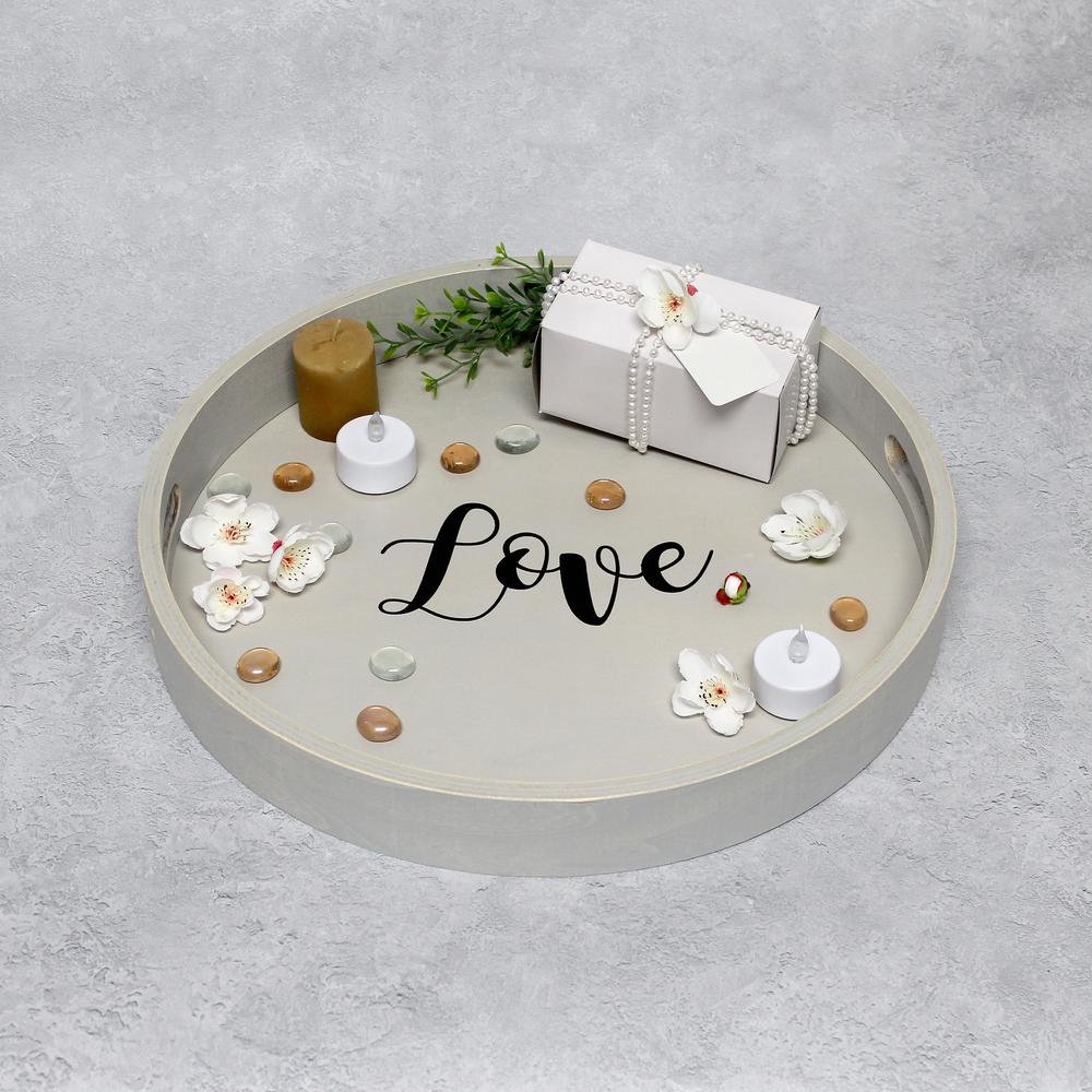 Decorative 13.75" Round Wood Serving Tray w/ Handles, "Love". Picture 6