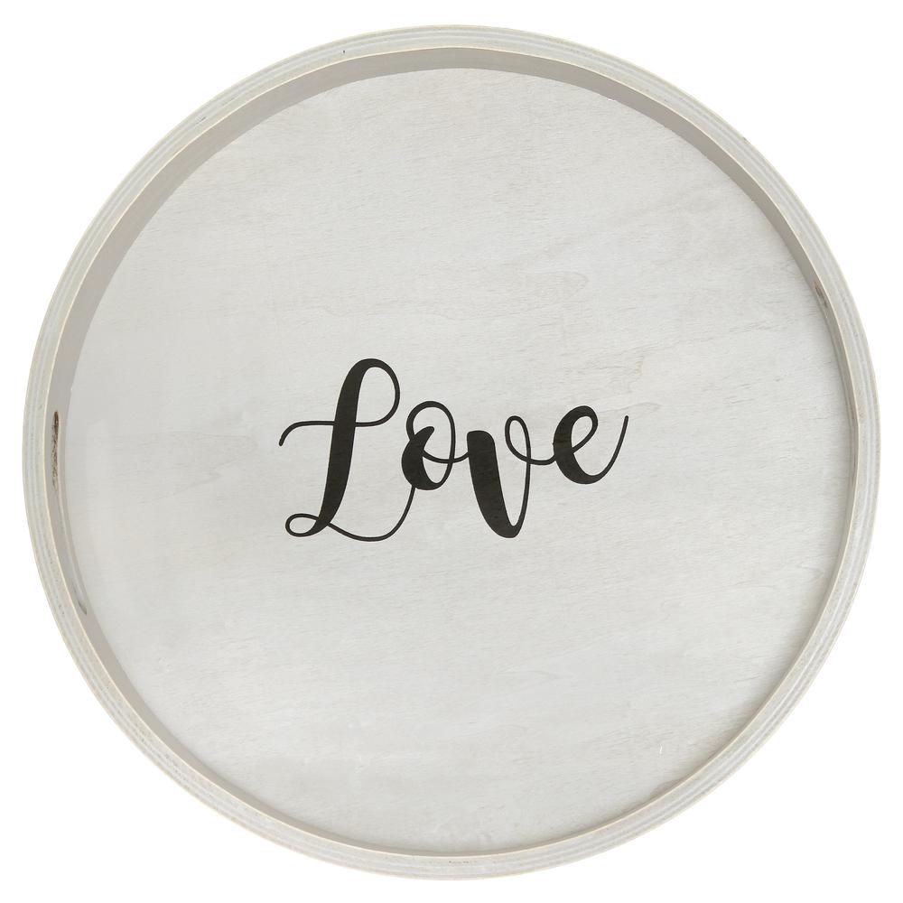 Decorative 13.75" Round Wood Serving Tray w/ Handles, "Love". Picture 8