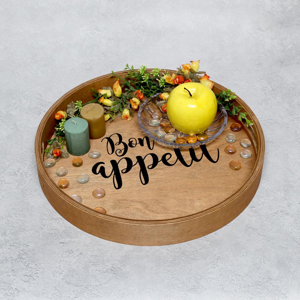 Decorative 13.75" Round Wood Serving Tray w/ Handles, "Bon Appetit". Picture 6