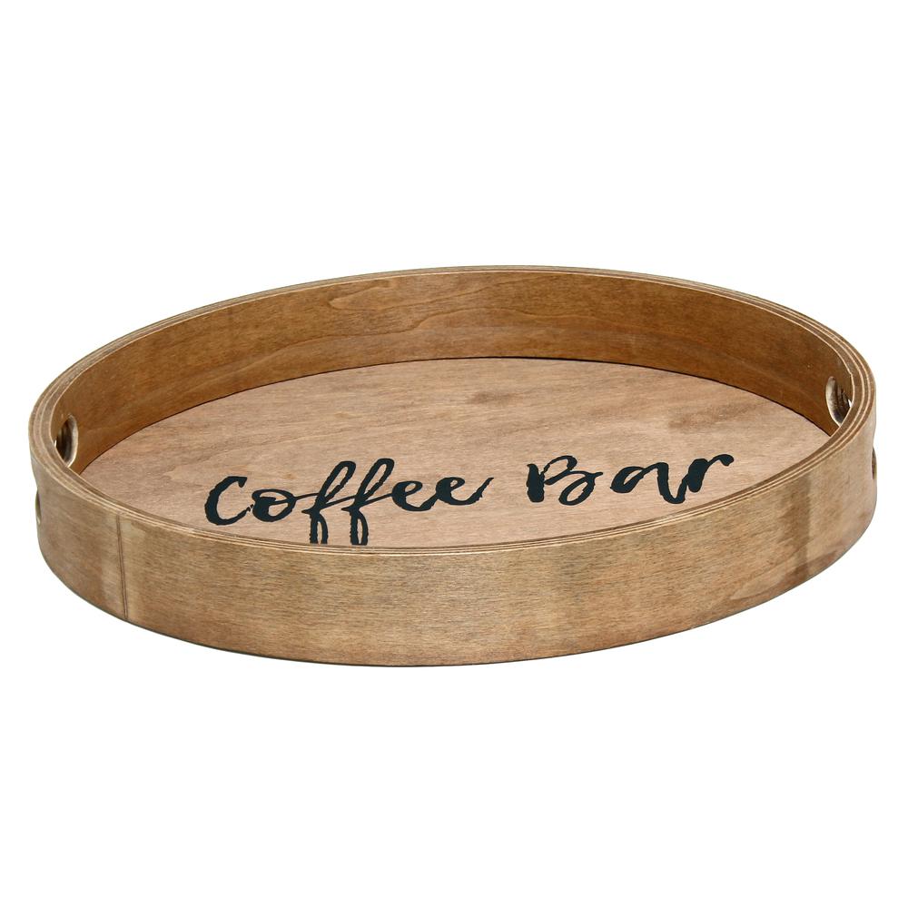 Elegant Designs Decorative 13.75" Round Wood Serving Tray with Handles, "Coffee Bar", Natural wood. The main picture.