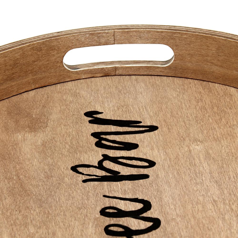 Elegant Designs Decorative 13.75" Round Wood Serving Tray with Handles, "Coffee Bar", Natural wood. Picture 4