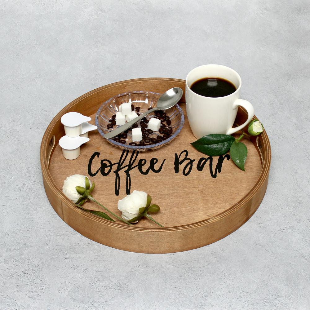 Elegant Designs Decorative 13.75" Round Wood Serving Tray with Handles, "Coffee Bar", Natural wood. Picture 6
