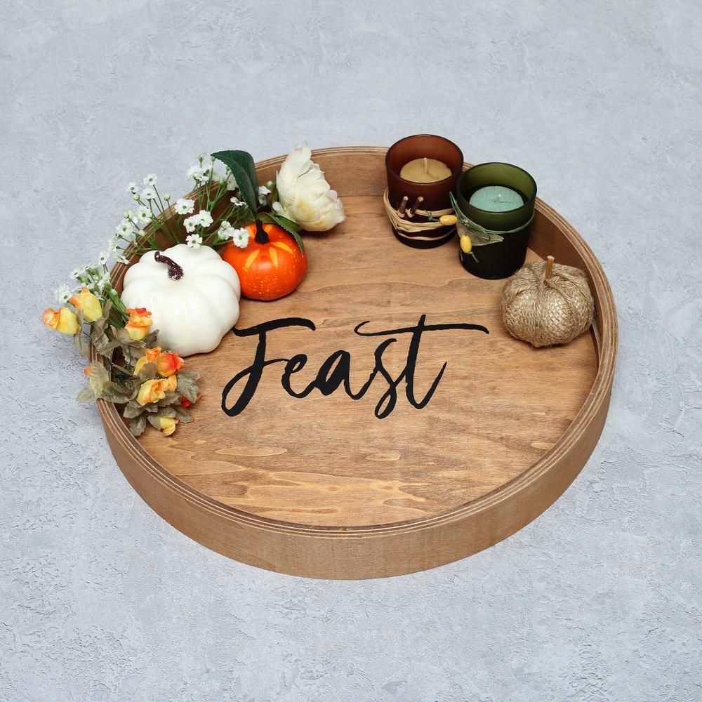 Decorative 13.75" Round Wood Serving Tray w/ Handles, "Feast". Picture 6
