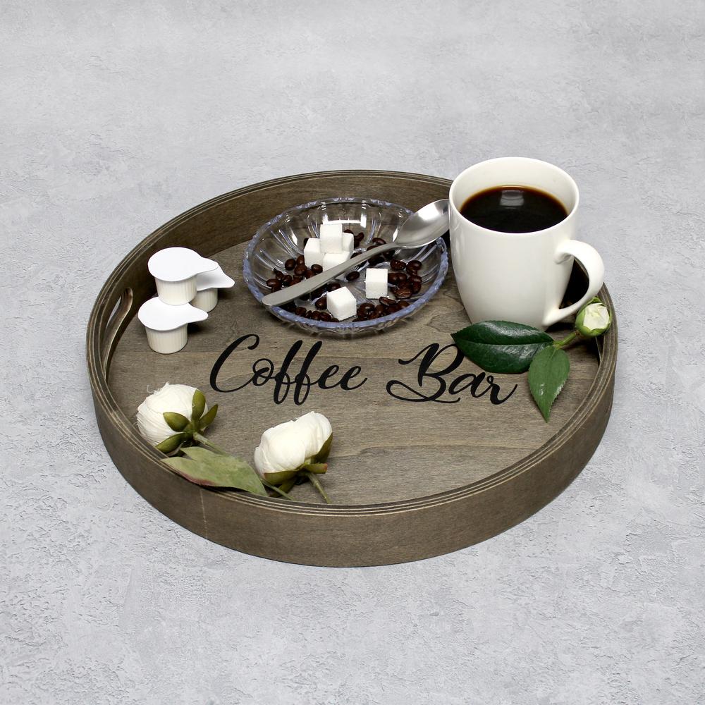 Decorative 13.75" Round Wood Serving Tray w/ Handles, "Coffee Bar". Picture 6